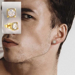 Men's hip-hop gold square halo stud earrings with micro-paved cubic zirconia stones