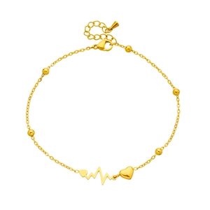 Bracelet de cheville doré en acier inoxydable avec charms cœur et électrocardiogramme