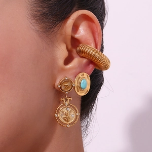 18K vergulde oorbellen set met turquoise knop en hart vleugel munt hanger
