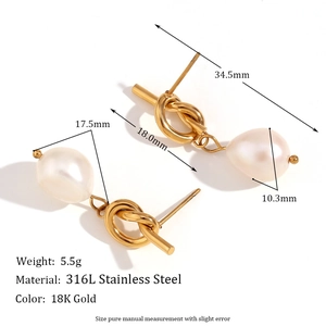 Vintage-Ohrringe aus 18K vergoldetem Edelstahl mit Knoten-Design und Perlenanhänger
