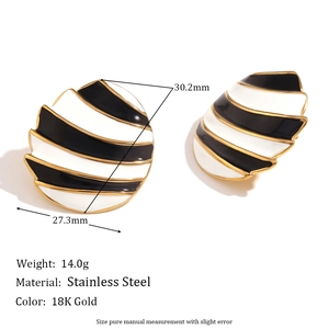 Chic 18K gold plated stainless steel oval earrings with black and white enamel
