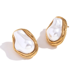 Baroque style gold finish stud earrings featuring irregular white faux pearls and textures