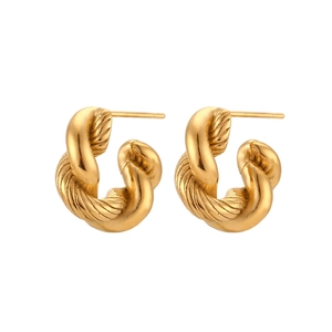 Fashionable gold-plated stainless steel twisted hoop earrings with a textured rope design