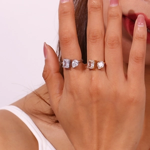 18K gold and silver plated stainless steel open rings with teardrop and square zircon stones