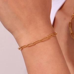 Detail van 18K vergulde roestvrijstalen paperclip-schakelarmband en bijpassende halsketting