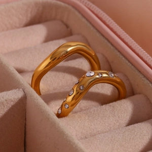 18K gold plated stainless steel wave ring set with micro-paved sparkling crystals