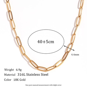 Gouden 18K roestvrijstalen paperclip ketting, lengte 40 plus 5 cm en breedte 4,4 mm voor dames