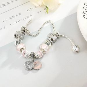 Pink heart charm bracelet for mom with silver snake chain and engraved beads