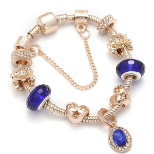 Bracciale Charm in Lega Oro Rosa da Donna con Strass Blu Cuore Cavo Stelle Perline Catena a Serpente Gioielli Regalo