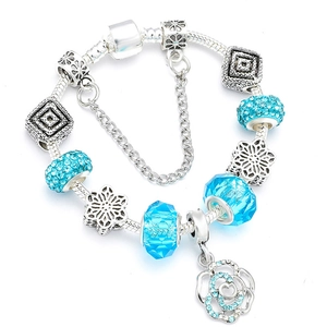 DIY Beaded Charm Bracelet Alloy Silver Plated Snake Chain With Rose Heart Pendant Rhinestone Crystal Beads Women Jewelry