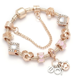 Bracelet à Breloques Or Rose pour Femmes Pendentif Cœur Étoile Avec Perle Artificielle Strass Émail Chaîne de Sécurité Bijou