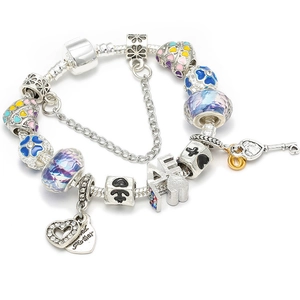 Bracelet serpent argenté avec perles de cristal violettes et pendentifs en forme de cœur