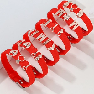 Red Silicone Charm Bracelet For Women Adjustable Strap With Metal Pineapple Flamingo Heart Beads Personalized Jewelry Gift