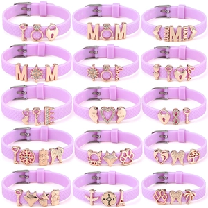 Adjustable purple silicone bracelet set with rose gold pendants and crystal sunflower beads