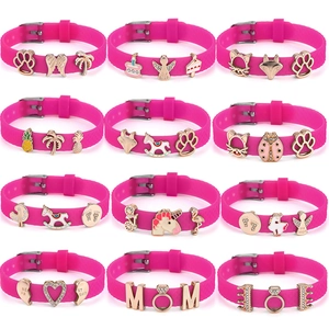 Adjustable Rose Red Silicone Strap Bracelet With Cartoon Alloy Charms For Kids Girls Fashion Jewelry Gift