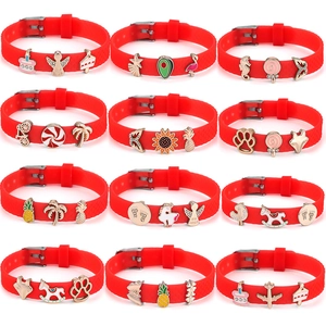 Red Silicone Strap Adjustable Bracelet Alloy Enamel Charms For Women Girls Heart Pineapple Flamingo Unicorn DIY Fashion Jewelry