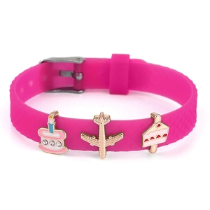 Adjustable rose pink silicone bracelet with cute airplane and cupcake cartoon charms