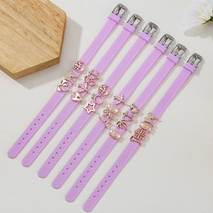 Adjustable purple silicone bracelet set with fashion gold charms and metal buckles