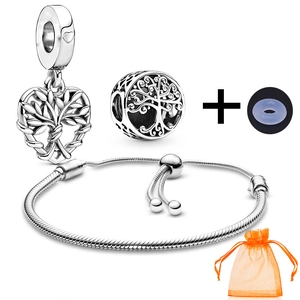 Silver DIY heart charm bracelet set with tree of life pendants and orange gift pouch