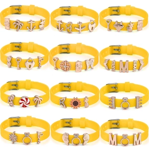 Adjustable Yellow Silicone Charm Bracelet With Rose Gold Alloy Mom Heart Pineapple Charms Fashion DIY Jewelry For Women