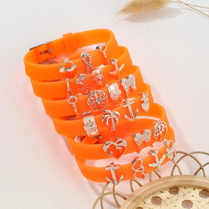 Adjustable 10mm orange silicone bracelet with silver charms for summer beach vacations
