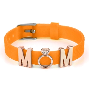 10mm orange silicone strap bracelet with rose gold MOM charm and crystal inlay