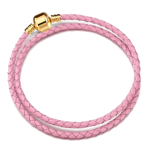 Pink braided PU leather double-layer bracelet with golden metal cylinder barrel clasp