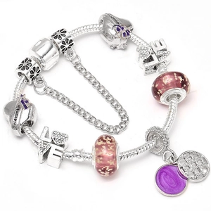 Fashion Alloy DIY Charm Bracelet For Women Silver Plated Purple Glass Beads Heart Bridesmaid Love Pendant Snake Chain Jewelry Gift