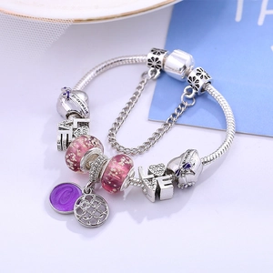 Silver charm bracelet with pink glass beads and bridesmaid heart charms on snake chain