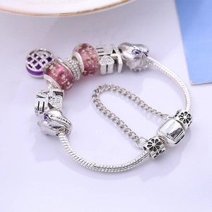 Silver snake chain bracelet with love charms and purple glass beads for bridesmaids