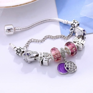 Silver snake chain DIY charm bracelet with pink glass beads and love heart pendants