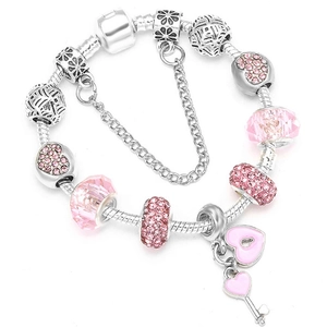 Romantisch Rosa Herz Charme Perlen Armband Für Damen Legierung Versilbert Schlangenkette Schlüssel Schloss Anhänger Schmuck