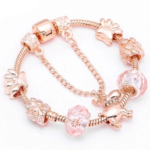 Bracelet Charm Élan Or Rose Pour Femmes Perles de Verre Roses Pendentif Cœur Bijoux Chaîne Serpent Cadeau de Noël