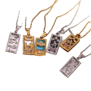 Vintage 18K gold plated tarot card necklaces with colorful crystals and moon sun designs