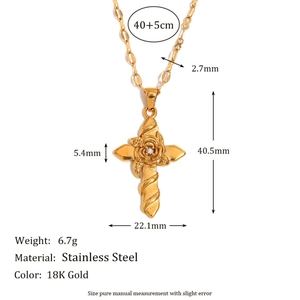 18K gold plated stainless steel cross necklace with rose and zircon stone detail
