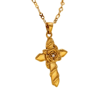 Gold-plated stainless steel necklace with rose cross pendant and sparkling zircon