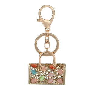 Mignon Porte-clés Sac à Main Doré Ajouré Avec Pierres Précieuses Synthétiques Colorées Et Strass Bijou de Sac Femme Anneau Métallique