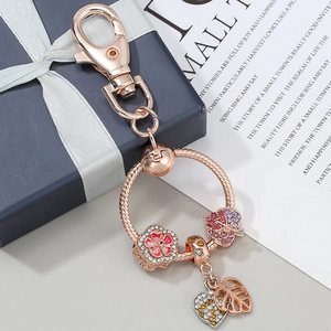 Rose Gold Alloy Keychain With Cherry Blossom Leaf Heart Pendants Rhinestone Inlaid DIY Charm Ring Gift For Women