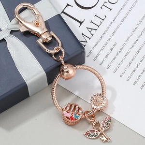 Rose Gold Alloy Keychain Butterfly Sunflower Winged Key Charms Rhinestone Enamel Key Ring For Women Mother's Day Gift