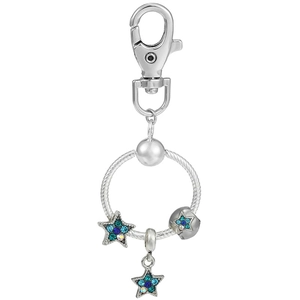 Macro view of silver star keychain with blue crystals on a twisted rope ring charm
