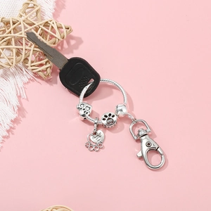 Silver bead keychain with heart paw pendant and I love you engraving on snake ring