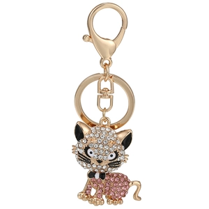 Porte-clés Chat en Alliage de Luxe avec Strass Plaqué Or Pendentif de Sac Animal Mignon pour Femme Anneau de Clé Cadeau