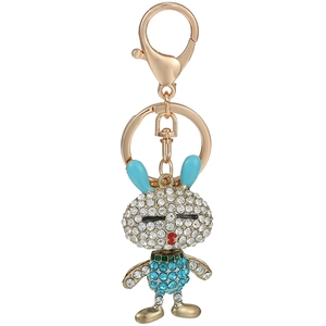 Porte-clés Lapin Bleu en Strass Dessin Animé Plaqué Or Alliage Charme de Sac Anneau de Clé Voiture Cadeau Femme Bijoux