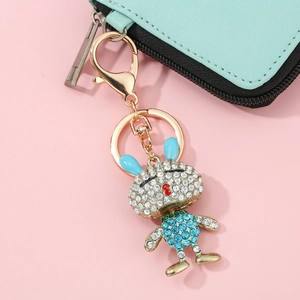 Porte-clés lapin bleu doré avec strass pour sacs à main de femmes et accessoires de voiture