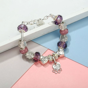 Paarse dierenpoot kralenarmband met I Love My Dog hart hanger en zilveren slangenschakel