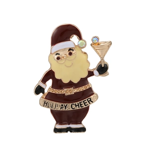 Emaille-Brosche Weihnachtsmann Holiday Cheer mit Martini-Glas und Strasssteinen