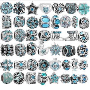 Silver Plated Alloy Blue Rhinestone Big Hole Beads DIY Charms For Bracelet Necklace Jewelry Making Women Vintage Beads