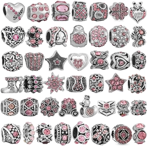 Luxury Pink Rhinestone Alloy Charms Silver Plated Flower Heart Animal Bead DIY Jewelry Findings For Bracelet Women Accessory