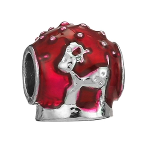 Red enamel flower charm bead with pink dots in silver alloy for jewelry making