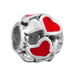 Silver bead charm with red enamel hearts for DIY jewelry making on white background